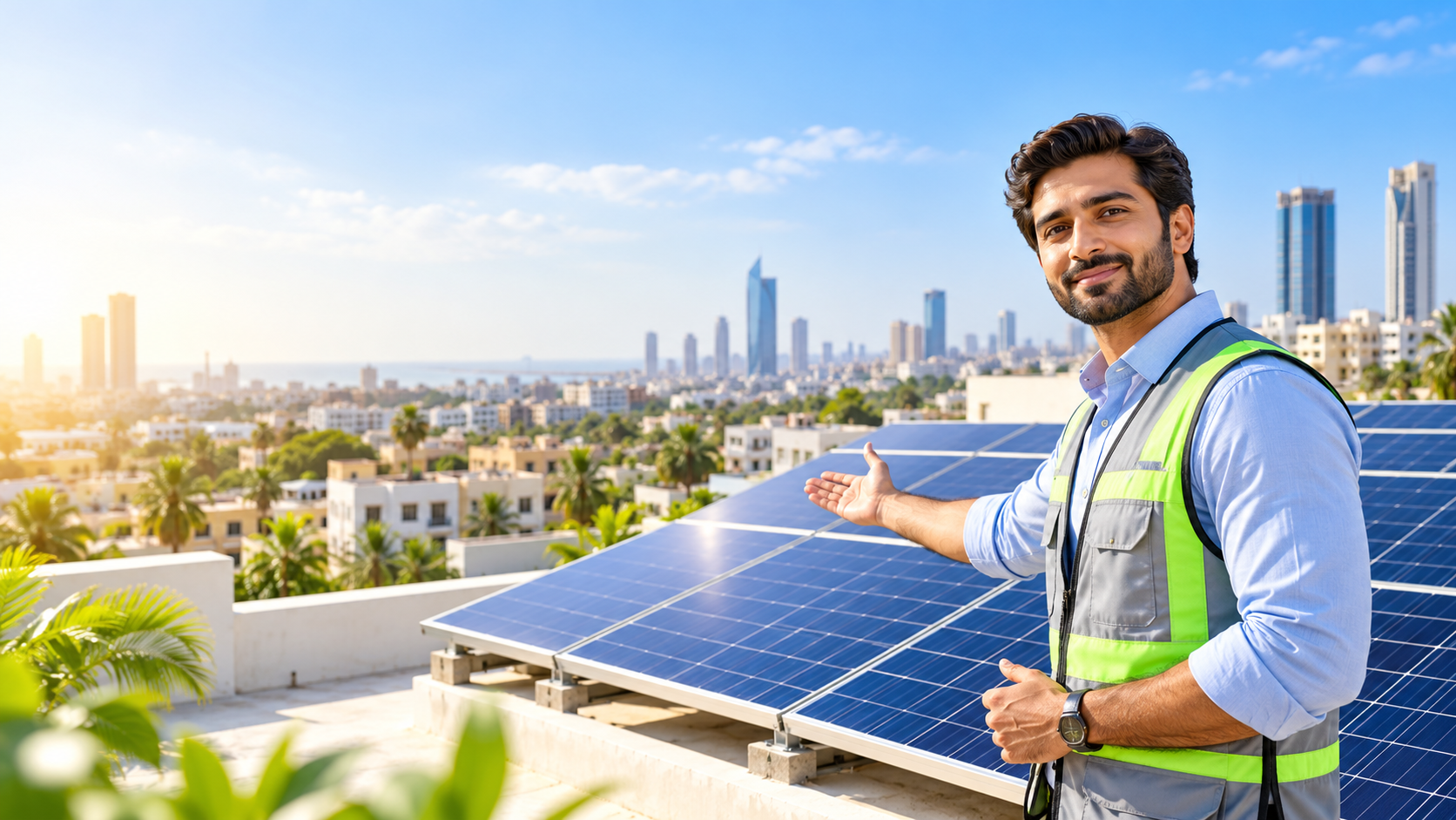 Solar panel installation under blue sky