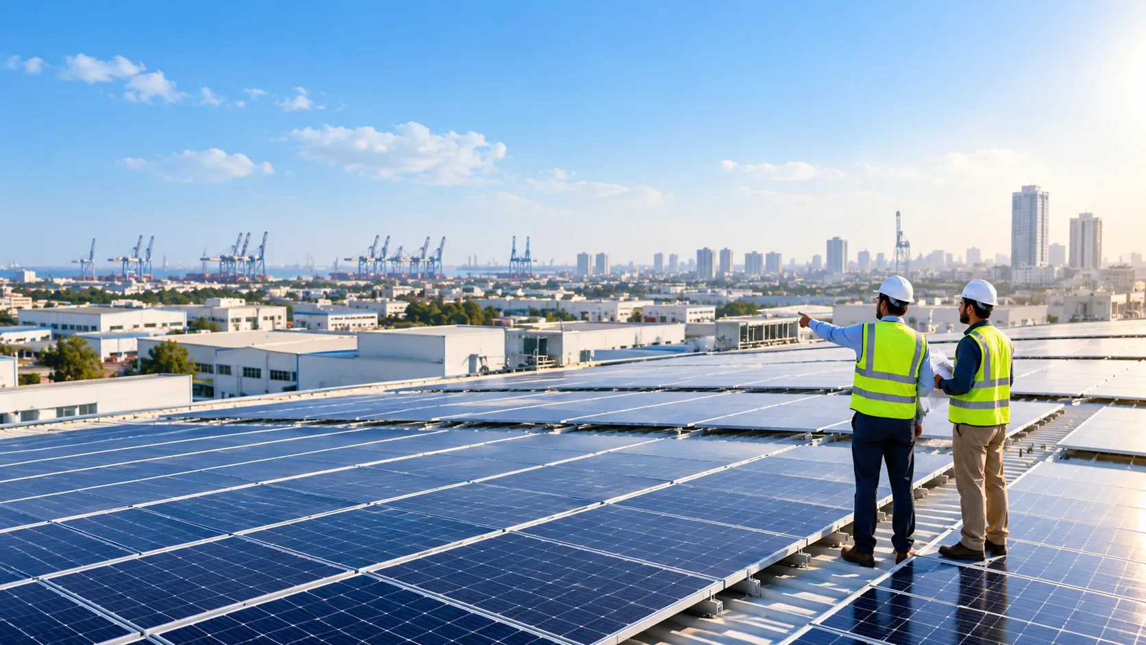 Solar engineers inspecting an industrial rooftop